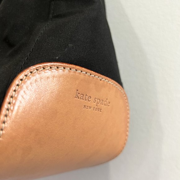 Kate Spade Purse, Black Nylon with Camel Leather Trim, Shoulder Strap Zipper Top - Picture 5 of 9